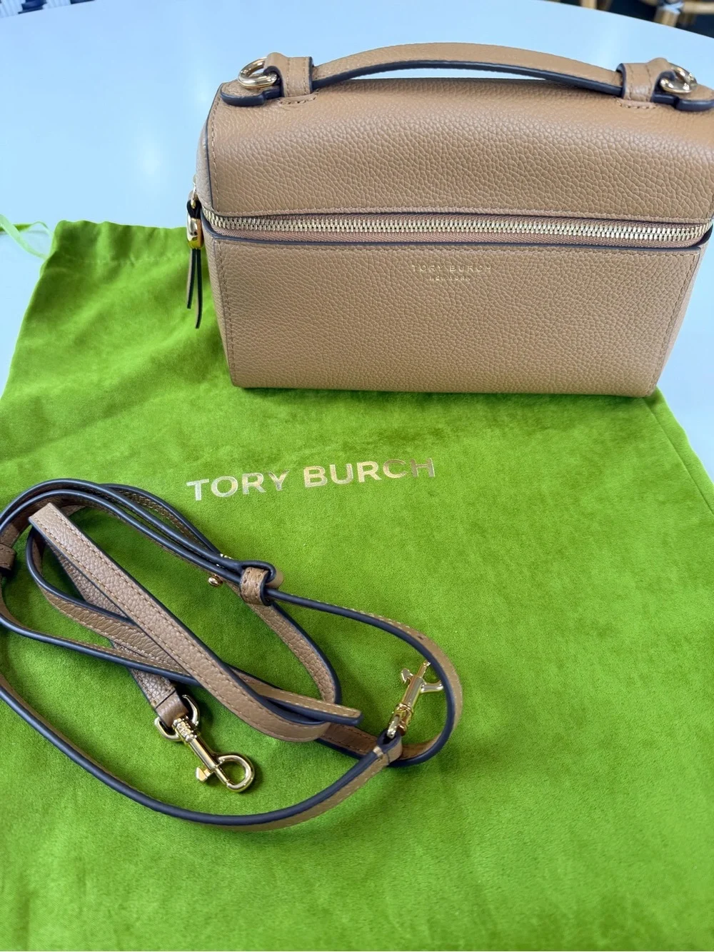 Tory Burch ROMY Camel/Tan Pebbled Leather Crossbody with Gold Hardware